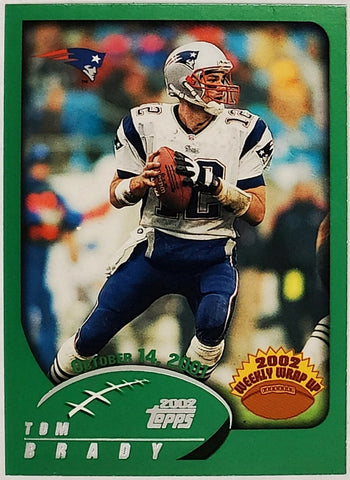 Brady, Tom, Rookie, Weekly Wrap-Up, 2002, Topps, 295, RC, Quarterback, QB, MVP, Super Bowl, GOAT, Yards, Touch downs, Touchdowns, Passing, Receiving, Rushing, TD, New England, Patriots, Tampa, Tampa Bay, Buccaneers, Bucs, Football, RC, Hobby, NFL, Football Cards