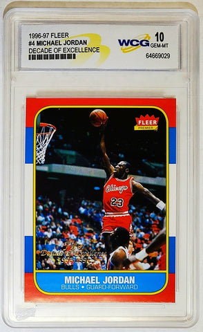 Jordan, Michael, 1996, Fleer, Decade, Excellence, Decade of Excellence, U-4, U4, Graded 10, WCG, WCG 10, Gem Mint, Mint, Rookie, Retro, HOF, ROY, MVP, All-Star, All-NBA, Finals MVP, GOAT, Chicago, Bulls, Wizards, Finals, Champ, Memorabilia, Collectibles, Basketball, Points, Hobby, NBA, Basketball Cards