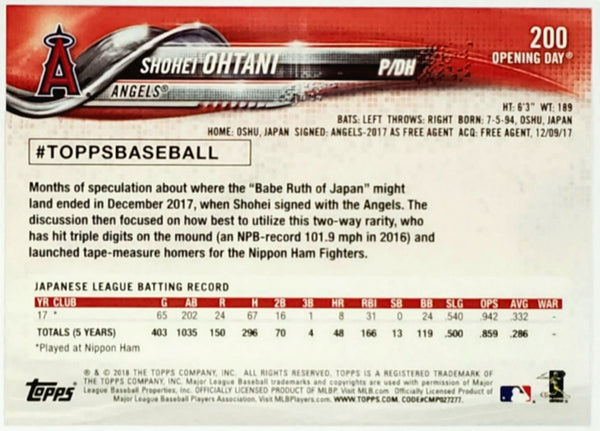 Shohei Ohtani Rookie 2018 Topps Opening Day #200, Angels MVP, Hot!