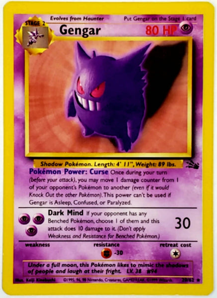 Pokemon Gengar 20/62 Rare, Pokemon Fossil Set, 1999, Card, TCG –  CardboardandCoins.com