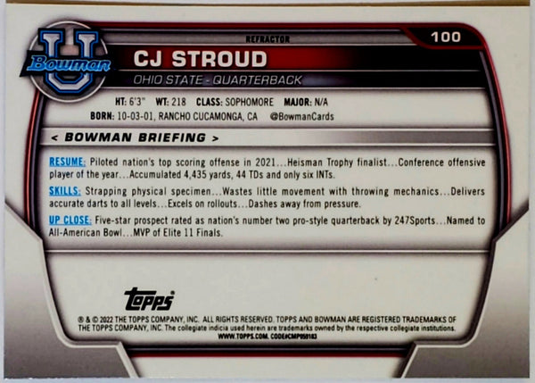 CJ Stroud Rookie Refractor 2022 Bowman University Chrome Prospect #100 CardboardandCoins.com CJ Stroud Rookie Refractor 2022 Bowman University Chrome Prospect #100 CardboardandCoins.com