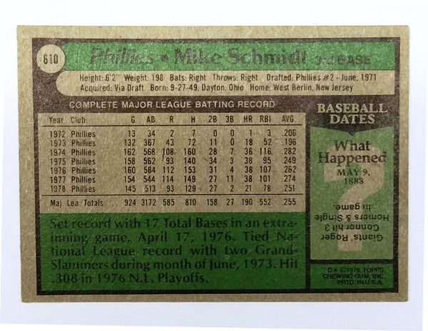 Mike Schmidt 1979 Topps #610 HOF, 3rd Base, Philadelphia Phillies