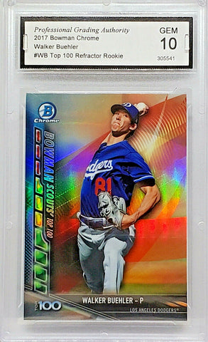 Buehler, Rookie, Refractor, Walker, Graded 10, PGA, 2017, Bowman, Chrome, Topps, Los Angeles, Dodgers, Pitcher, Strikeouts, RC, Baseball Cards