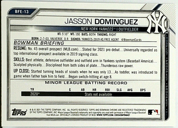 Jasson Dominguez Rookie 1st Edition 2021 Bowman 1st Edition #BFE-13 –