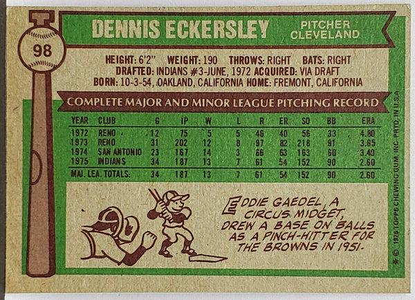 Dennis Eckersley Cleveland Indians Autographed 1976 Topps