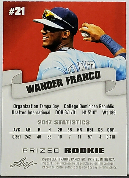 Wander Franco Rookie 2018 Leaf Prized #21, Tampa Bay Rays Phenom