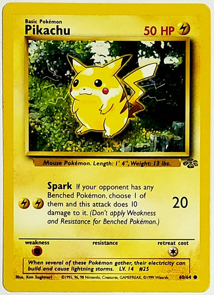 basic pikachu card 60 hp value holographic Pokemon Pikachu 60/64 Jungle Edition Unlimited, 1999, Card, TCG – CardboardandCoins.com