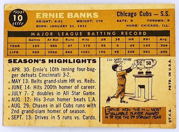 1960 Topps #10 Ernie Banks HOF Chicago Cubs VG-VGEX CORNERS