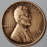 1938-D, Lincoln, Wheat, Cent, Coin, Penny, 1938, Denver, Mint, D, Pre-WWII, Pre World War II, Era, Detail, Lines, Shiny, Low Mintage, Semi, Key Date, Mint Mark, Mintmark, Copper, Wheatie, Wheat Ears, Detail, Wheat Back, Vintage, Rare, Metal, Antique, Collectible, Memorabilia, Invest, Hobby, Coins
