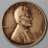 1938-D, Lincoln, Wheat, Cent, Coin, Penny, 1938, Denver, Mint, D, Pre-WWII, Pre World War II, Era, Detail, Lines, Shiny, Low Mintage, Semi, Key Date, Mint Mark, Mintmark, Copper, Wheatie, Wheat Ears, Detail, Wheat Back, Vintage, Rare, Metal, Antique, Collectible, Memorabilia, Invest, Hobby, Coins