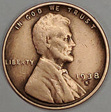 1938-S, Lincoln, Wheat, Cent, Coin, Penny, 1938, San Francisco, Mint, S, Pre-WWII, Pre World War II, Era, Detail, Lines, Shiny, Low Mintage, Semi, Key Date, Mint Mark, Mintmark, Copper, Wheatie, Wheat Ears, Detail, Wheat Back, Vintage, Rare, Metal, Antique, Collectible, Memorabilia, Invest, Hobby, Coins