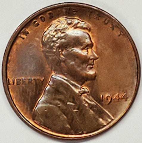 1944, Lincoln, Wheat, Cent, Coin, Penny, Shiny, Red, Reddish, Tone, Toned, 1944-P, Philadelphia, Mint, P, Detail, Lines, Early, WWII, World War II, Era, War, Detail, Lines, Shiny, Low Mintage, Semi, Key Date, Mint Mark, Mintmark, Copper, Wheatie, Wheat Ears, Wheat Back, Vintage, Rare, Metal, Antique, Collectible, Memorabilia, Invest, Hobby, Coins