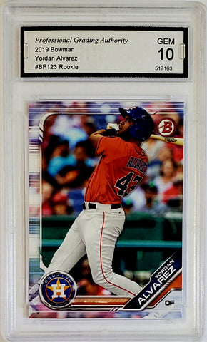 Alvarez, Yordan, Rookie, Graded, Graded 10, PGA 10, Gem Mint, 2019, Bowman, Prospects, BP-123, BP123, RC, Topps, World Series, ALCS MVP, Rookie Of The Year, ROY, Houston, Astros, Home Runs, Slugger, RC, Baseball, MLB, Baseball Cards