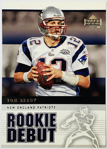 Brady, Tom, Rookie, Debut, Rookie Debut, 2005, Upper Deck, 57, RC, Quarterback, QB, MVP, Super Bowl, GOAT, Yards, Touch downs, Touchdowns, Passing, Receiving, Rushing, TD, New England, Patriots, Tampa, Tampa Bay, Buccaneers, Bucs, Memorabilia, Collectibles, Football, RC, Hobby, NFL, Football Cards
