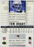 Brady, Tom, Rookie, Debut, Rookie Debut, 2005, Upper Deck, 57, RC, Quarterback, QB, MVP, Super Bowl, GOAT, Yards, Touch downs, Touchdowns, Passing, Receiving, Rushing, TD, New England, Patriots, Tampa, Tampa Bay, Buccaneers, Bucs, Memorabilia, Collectibles, Football, RC, Hobby, NFL, Football Cards