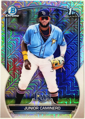 Caminero, Junior, Rookie, 1st Bowman, First, Mojo, Refractor, Mega, Mega Box, Variation, 2023, Bowman, Chrome, Prospects, BCP61, BCP-61, Topps, RC, Prospect, Draft, Tampa Bay, Tampa, Rays, Memorabilia, Collectibles, Home Runs, Slugger, RC, Baseball, MLB, Baseball Cards