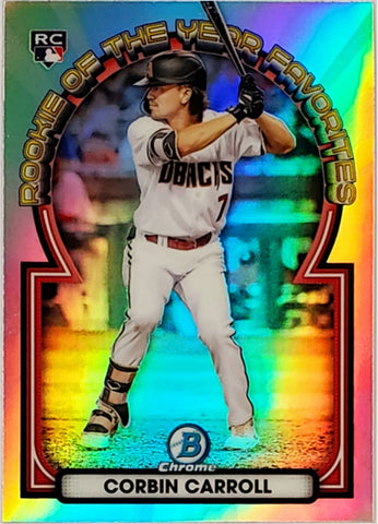 Carroll, Corbin, Rookie, Refractor, 2023, Bowman, Chrome, Rookie Of The Year, ROY, Favorites, ROYF-1, ROYF1, 1, Topps, RC, All-Star, Stolen Bases, Speed, Power, World Series, Arizona, Diamondbacks, Dbacks, Home Runs, Slugger, RC, Baseball, MLB, Baseball Cards