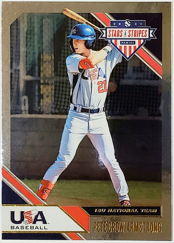 Crow-Armstrong, Pete, Rookie, Foil, 2020, Panini, Stars And Stripes, Stars, Stripes, USA, Collegiate, Team USA, 72, PCA, 1st Round, First Round, Draft, Pick, New York, Mets, Chicago, Cubs, Memorabilia, Collectibles, Home Runs, Slugger, RC, Baseball, MLB, Baseball Cards