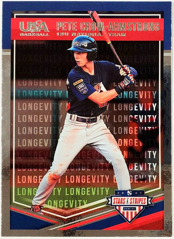 Crow-Armstrong, Pete, Rookie, Foil, Longevity, 2018, Panini, Stars And Stripes, Stars, Stripes, USA, Collegiate, Team USA, 64, PCA, MVP, 1st Round, First Round, Draft, Pick, New York, Mets, Chicago, Cubs, Memorabilia, Collectibles, Home Runs, Slugger, RC, Collectible, Baseball, MLB, Baseball Cards