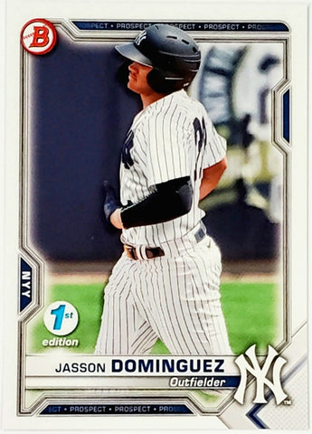 first edition baseball cards Jasson Dominguez Rookie "1st Edition" 2021 Bowman 1st Edition #BFE-13 – CardboardandCoins.com