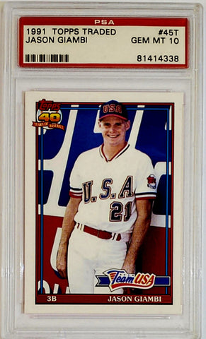 Giambi, Jason, Rookie, Team USA, Olympics, Graded, Graded 10, PSA 10, Gem Mint, 1991, Topps, Traded, 45T, RC, MVP, All-Star, Power, First Baseman, First Base, Oakland, Athletics, A's, New York, Yankees, Bronx Bombers, Home Runs, Slugger, RC, Baseball, MLB, Baseball Cards