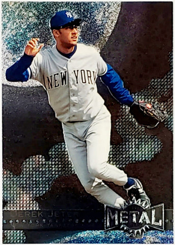 Jeter, Derek, Rookie, Foil, 1996, Metal, Universe, 87, Fleer, Skybox, HOF, ROY, Rookie Of The Year, Captain, Shortstop, New York, Yankees, World Series, Bronx, Bombers, Bronx Bombers, Home Runs, Slugger, RC, Baseball, MLB, Baseball Cards