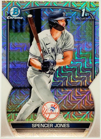 Jones, Spencer, Rookie, 1st Bowman, First, Mojo, Refractor, Mega, Mega Box, Variation, 2023, Bowman, Chrome, Prospects, BCP139, BCP-139, Topps, RC, Prospect, Draft, New York, Yankees, Bronx, Bombers, Memorabilia, Collectibles, Home Runs, Slugger, RC, Baseball, MLB, Baseball Cards