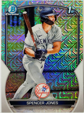 Jones, Spencer, Rookie, 1st Bowman, First, Mojo, Refractor, Mega, Mega Box, Variation, 2023, Bowman, Chrome, Prospects, BCP139, BCP-139, Topps, RC, Prospect, Draft, New York, Yankees, Bronx, Bombers, Memorabilia, Collectibles, Home Runs, Slugger, RC, Baseball, MLB, Baseball Cards