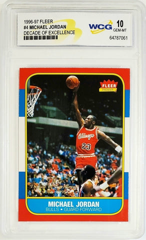 Jordan, Michael, 1996, Fleer, Decade, Excellence, Decade of Excellence, U-4, U4, Graded 10, WCG, WCG 10, Gem Mint, Mint, Rookie, Retro, HOF, ROY, MVP, All-Star, All-NBA, Finals MVP, GOAT, Chicago, Bulls, Wizards, Finals, Champ, Memorabilia, Collectible, Basketball, Points, Hobby, NBA, Basketball Cards