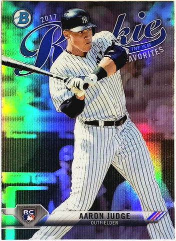Judge, Aaron, Rookie, Refractor, 2017, Bowman, Chrome, ROY Favorites, ROYF-9. ROYF9, RC, Topps, MVP, ROY, Rookie Of The Year, All-Star, Silver Slugger, Home Run Derby Champ, All Rise, New York, Yankees, Bronx Bombers, Memorabilia, Collectibles, Home Runs, Slugger, RC, Baseball, MLB, Baseball Cards