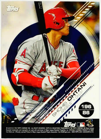 Ohtani, Shohei, Sticker Card, Sticker, Card, Reverse, Cy Young Trophies. 2019, Topps, MLB, Sticker, 196, 86, Rookie Of The Year, ROY, MVP, Pitcher, 2-Way, Japan, Japanese, Los Angeles, Angels, Anaheim, WBC, Strikeouts, Home Runs, Slugger, RC, Baseball, MLB, Baseball Cards