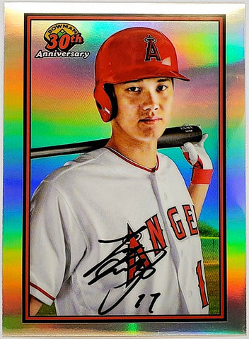 Ohtani, Shohei, 1989, Retro, 30th Anniversary, Insert, 2019, Bowman, Chrome, B30-SO, Topps, Rookie Of The Year, ROY, MVP, Pitcher, Japan, Japanese, Los Angeles, Angels, Anaheim, Dodgers, World Series, WBC, Strikeouts, Memorabilia, Collectible, Strikeouts, Home Runs, Slugger, RC, Baseball, MLB, Baseball Cards