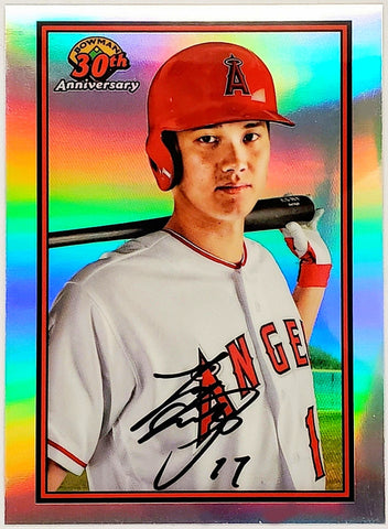 Ohtani, Shohei, 1989, Retro, 30th Anniversary, Insert, 2019, Bowman, Chrome, B30-SO, Topps, Rookie Of The Year, ROY, MVP, Pitcher, Japan, Japanese, Los Angeles, Angels, Anaheim, Dodgers, World Series, WBC, Memorabilia, Collectibles, Strikeouts, Home Runs, Slugger, RC, Baseball, MLB, Baseball Cards