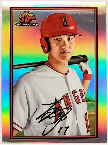 Ohtani, Shohei, 1989, Retro, 30th Anniversary, Insert, 2019, Bowman, Chrome, B30-SO, Topps, Rookie Of The Year, ROY, MVP, Pitcher, Japan, Japanese, Los Angeles, Angels, Anaheim, Dodgers, World Series, WBC, Strikeouts, Collectible, Strikeouts, Home Runs, Slugger, RC, Baseball, MLB, Baseball Cards