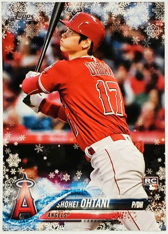 Ohtani, Shohei, Rookie, Snowflake, Non-Metallic, 2018, Topps, Holiday, HMW17, Rookie Of The Year, ROY, MVP, Pitcher, 2-Way, Japan, Japanese, Los Angeles, Angels, Anaheim, Dodgers, World Series, WBC, Memorabilia, Collectibles, Strikeouts, Home Runs, Slugger, RC, Baseball, MLB, Baseball Cards
