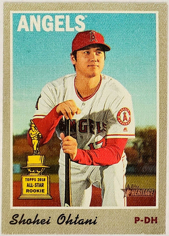 Ohtani, Shohei, Rookie Trophy, Cup, SP, Short Print, Cloth, Sticker, 2019, Topps, Heritage, High Number, High Numbers, 16, Insert, Rookie Of The Year, ROY, MVP, Pitcher, 2-Way, Japan, Japanese, Los Angeles, Angels, Anaheim,  Dodgers, World Series, WBC, Strikeouts, Collectible, Home Runs, Slugger, RC, Baseball, MLB, Baseball Cards