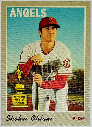 Ohtani, Shohei, Rookie Trophy, Rookie Cup, All-Star Rookie, Cloth, Sticker, 2019, Topps, Heritage, High Number, High Numbers, 16, Insert, Rookie Of The Year, ROY, MVP, All-Star, All-Star, Pitcher, 2-Way, Japan, Japanese, Los Angeles, Angels, Anaheim, Strikeouts, Home Runs, Slugger, RC, Baseball, MLB, Baseball Cards