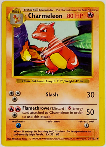 Pokemon, Charmeleon, 24/102, Uncommon, 80 HP, Card, Pokemon, Base Set, Base, Shadowless, Edition, 1999, Pokemon Cards, Rare, Singles, TCG, CCG, Tournament, Wizards, WOTC, Hobby