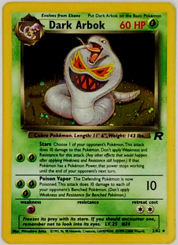 Pokemon, Dark, Arbok, Holo, Rare, 2/82, 60 HP, Card, Pokemon, Team Rocket, Rocket, Set, Unlimited, Edition, 2000, Pokemon Cards, Rare, Singles, TCG, CCG, Tournament, Wizards, WOTC, Hobby