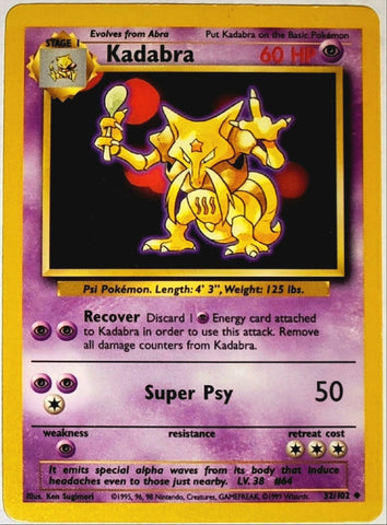 Pokemon, Kadabra, 32, 32-102, 32/102, Uncommon, 60 HP, Card, Pokemon, Base Set, Base, Unlimited, Edition, 1999, Pokemon Cards, Collectibles, Rare, Singles, TCG, CCG, Tournament, Wizards, WOTC, Hobby