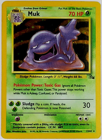 Pokemon, Muk, Holo, Rare, 13/62, 70 HP, Card, Pokemon, Fossil, Set, Unlimited, Edition, 1999, Pokemon Cards, Rare, Singles, TCG, CCG, Tournament, Wizards, WOTC, Hobby