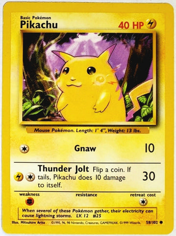 Pokemon, Pikachu, Yellow, Cheeks, 58, Common, 40 HP, Card, Pokemon, Base Set, Base, Unlimited, Edition, 1999, Pokemon Cards, Collectibles, Rare, Singles, TCG, CCG, Tournament, Wizards, WOTC, Hobby