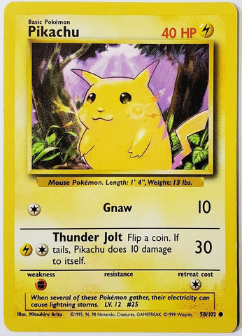 Pokemon, Pikachu, Yellow, Cheeks, 58, Common, 40 HP, Card, Pokemon, Base Set, Base, Unlimited, Edition, 1999, Pokemon Cards, Rare, Singles, TCG, CCG, Tournament, Wizards, WOTC, Memorabilia, Collectibles, Hobby