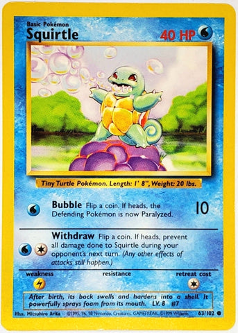 Pokemon, Squirtle, 63, 63-102, 63/102, Common, 40 HP, Card, Pokemon, Base Set, Base, Unlimited, Edition, 1999, Pokemon Cards, Memorabilia, Collectibles, Rare, Singles, TCG, CCG, Tournament, Wizards, WOTC, Hobby