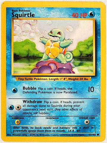 Pokemon, Squirtle, 63, 63-102, 63/102, Common, 40 HP, Card, Pokemon, Base Set, Base, Unlimited, Edition, 1999, Pokemon Cards, Collectibles, Rare, Singles, TCG, CCG, Tournament, Wizards, WOTC, Hobby