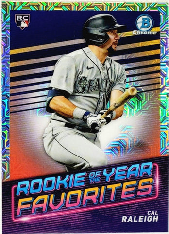 Raleigh, Cal, Rookie, Mojo, Refractor, Mega, Mega Box, Variation, 2022, Bowman, Chrome, Rookie Of The Year, Favorites, ROYF-7, ROYF7, Topps, RC, Prospect, Catcher, The Big Dumper, Platinum Glove, Gold Glove, Seattle, Mariners, Home Runs, Slugger, RC, Collectible, Baseball, MLB, Baseball Cards