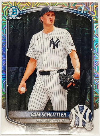 Schlittler, Cam, Rookie, Cameron, 1st Bowman, First, Mojo, Refractor, Mega, Mega Box, Variation, 2025, Bowman, Chrome, Prospects, BCP166, BCP-166, Topps, RC, Prospect, Draft, New York, Yankees, Bronx, Bombers, Memorabilia, Collectibles, Pitcher, Strikeouts, Ks, Baseball, MLB, RC, Baseball Cards