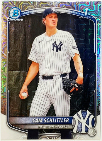 Schlittler, Cam, Rookie, Cameron, 1st Bowman, First, Mojo, Refractor, Mega, Mega Box, Variation, 2025, Bowman, Chrome, Prospects, BCP166, BCP-166, Topps, RC, Prospect, Draft, New York, Yankees, Bronx, Bombers, Memorabilia, Collectibles, Pitcher, Strikeouts, Ks, Baseball, MLB, RC, Baseball Cards