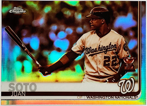 Soto, Juan, Rookie Cup, Rookie Trophy, Cup, Trophy, Sepia Refractor, Sepia, Refractor, 2019, Topps, Chrome, 155, Home Run Derby, Batting Title, Washington, Nationals, San Diego, Padres, Yankees, Home Runs, Slugger, RC, Baseball, MLB, Baseball Cards