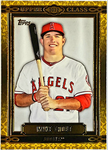 Trout, Mike, Rookie Class, Upper Class, Gold, Foil, Insert, 2014, Topps, UC-2, UC2, 2, MVP, Rookie Of The Year, ROY, All-Star, Gold Glove, WAR, Stolen Bases, Speed, Power, Los Angeles, Angels, Anaheim, Home Runs, Slugger, RC, Baseball, MLB, Baseball Cards